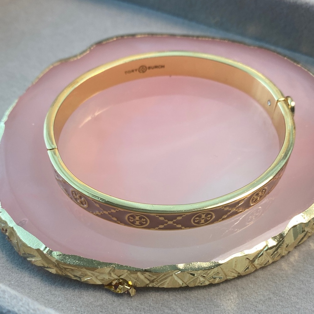 Gold and Baby Pink  Enamel Bangle Bracelet - Picture 6 of 7